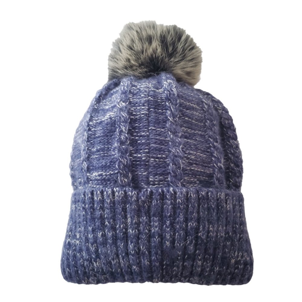 Blue Knitted Beanie Hat with Fur Pompom